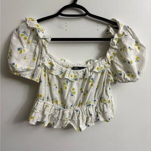 Zara White and Yellow Floral Blouse crop top size small
